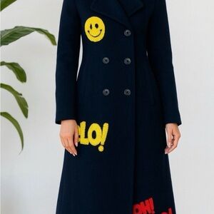 Forever 21 Navy Trench Coat with Yellow and Red Graphics